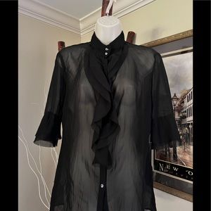 Charlotte Russe sheer 3/4 length ruffle black button down top size small